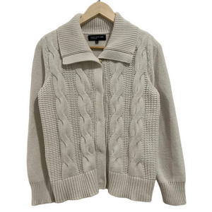 100% Cotton Knit Cableknit Jones New York Cardigan Collared Sweater Off-White